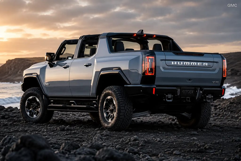 Picape GMC Hummer EV estacionada em terreno rochoso à beira-mar