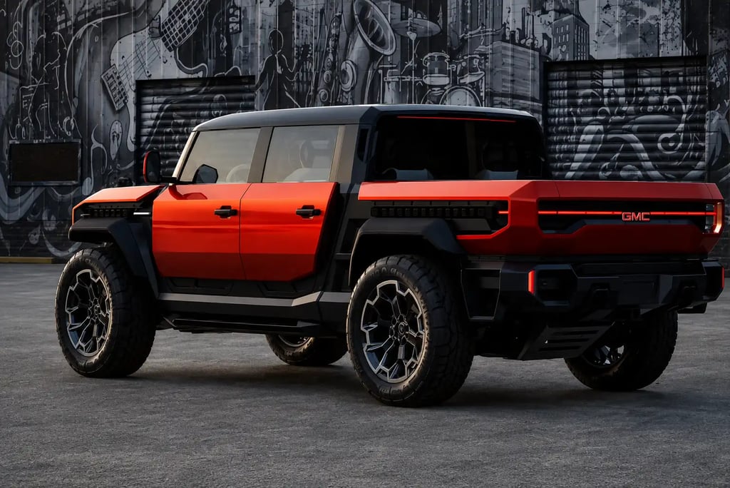 GMC Hummer X conceito exibe traseira robusta e design futurista em ambiente urbano