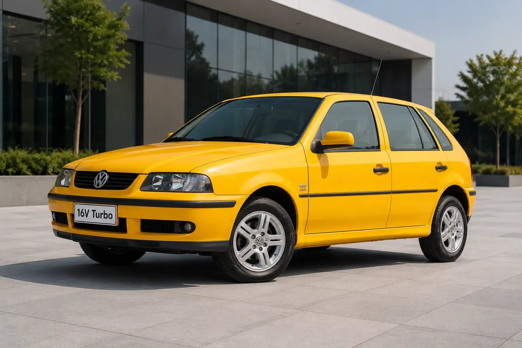 Gol G3 Turbo amarelo estacionado em frente a um showroom urbano moderno