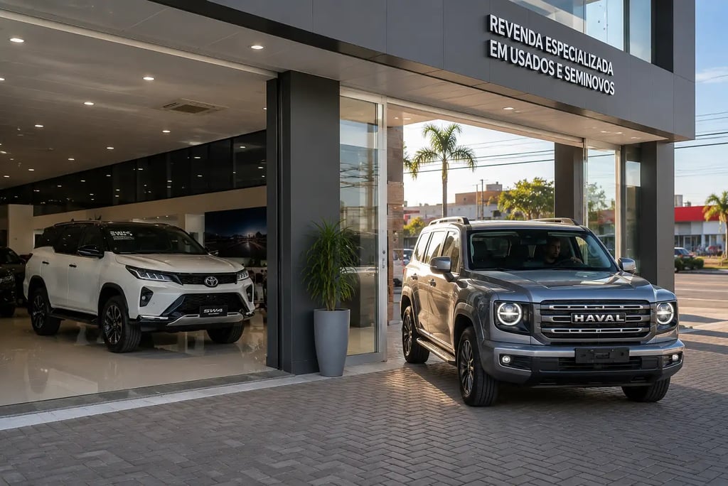 GWM Haval H9 novo saindo de concessionária com SUV Toyota SW4 usado parado ao fundo na loja.