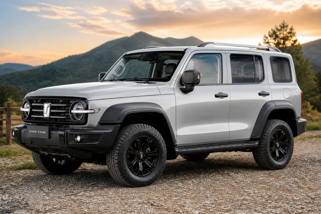 SUV GWM Tank 4x4 em cenário off-road com montanhas ao fundo durante o pôr do sol