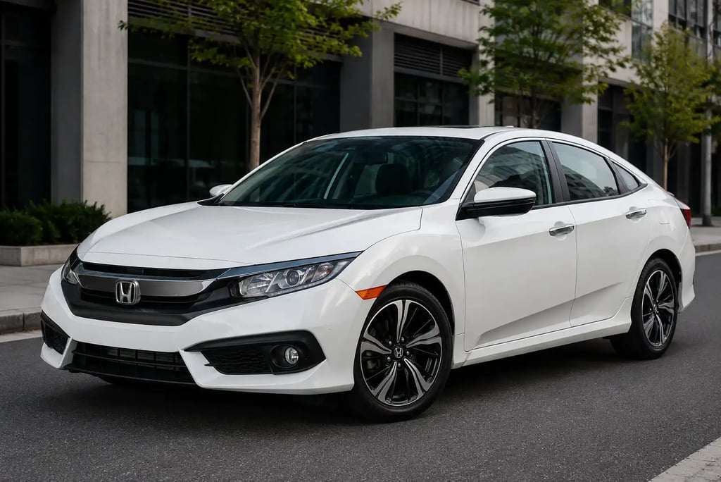 Honda Civic G10 branco de quatro portas em cenário urbano moderno