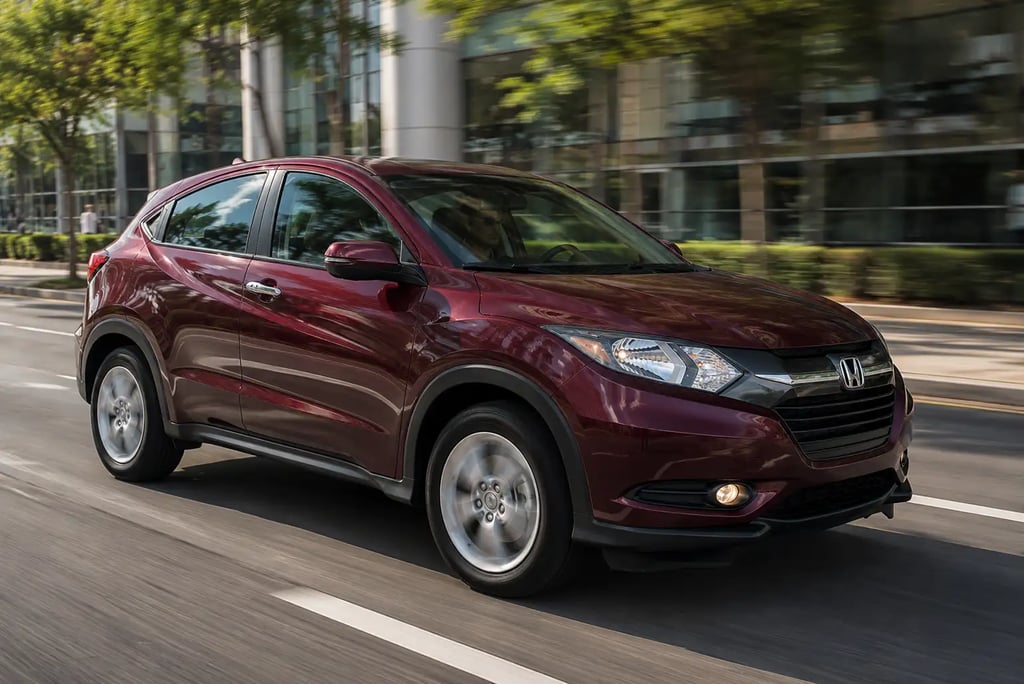Honda HR-V 2016 vinho em movimento em avenida urbana com vista frontal e rodas em rotação.