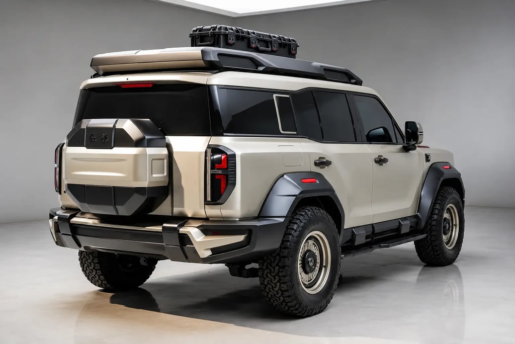 Vista traseira do Hongqi G919 com estepe externo e design voltado ao off-road
