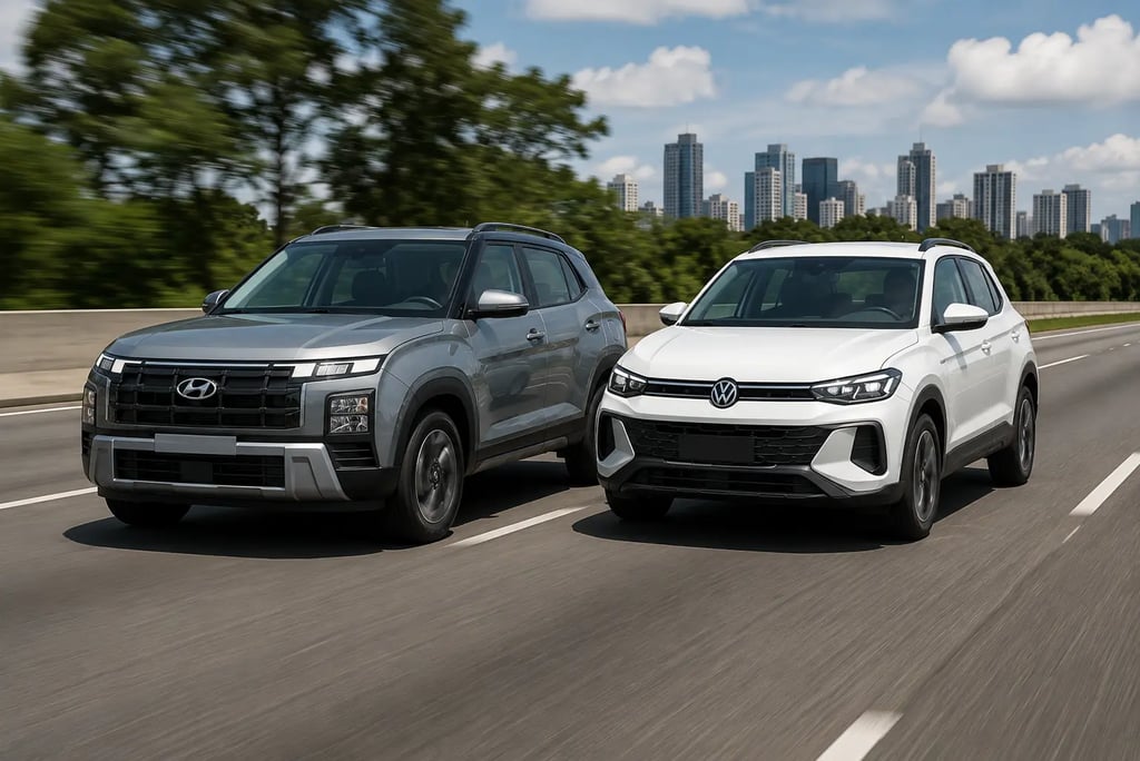 Hyundai Creta cinza e Volkswagen Tera branco lado a lado em rodovia em movimento