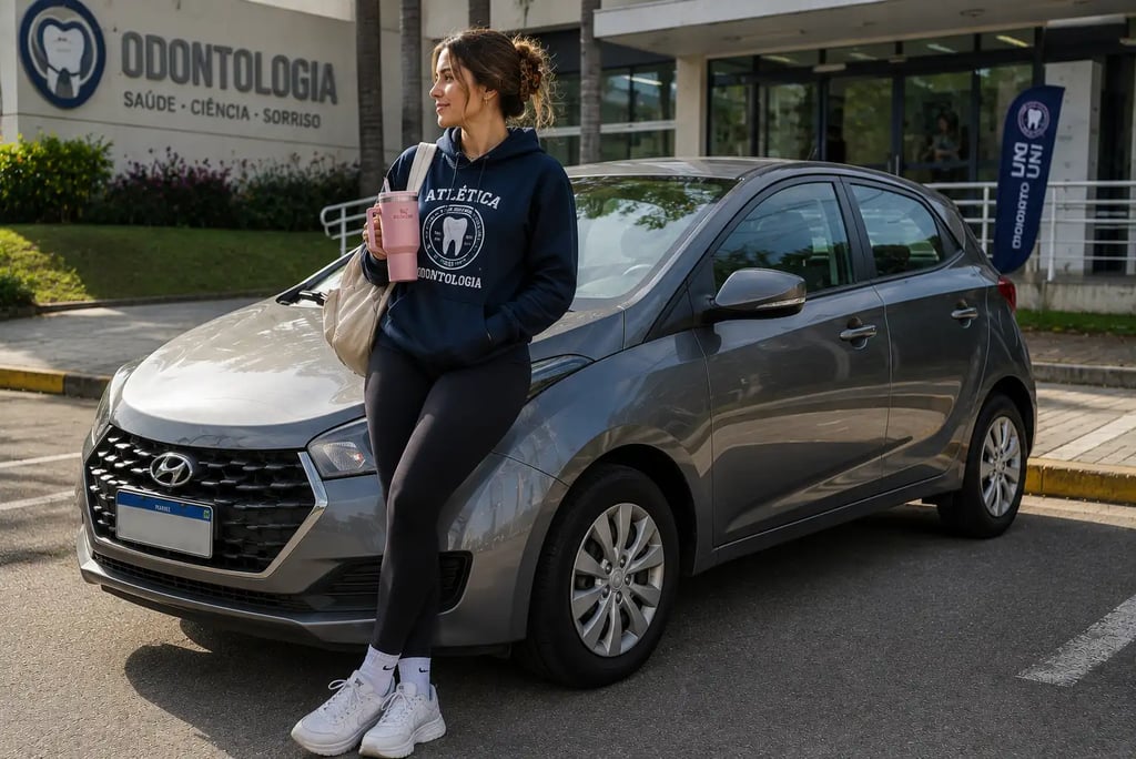 Estudante de odontologia ao lado de um Hyundai HB20 em frente à faculdade durante o dia.