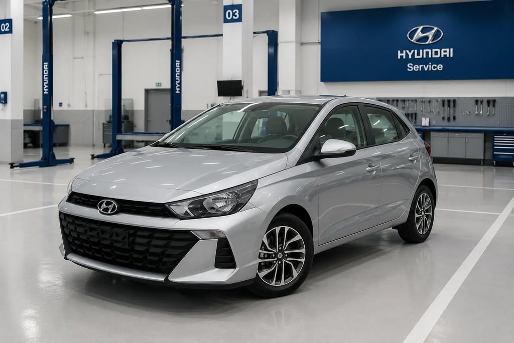 Hyundai HB20 prata em oficina autorizada moderna e limpa sem placa dianteira