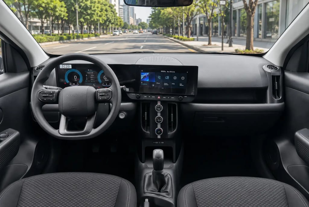 Interior do Hyundai i20 Comfort 2026 com painel digital e vista para avenida urbana.