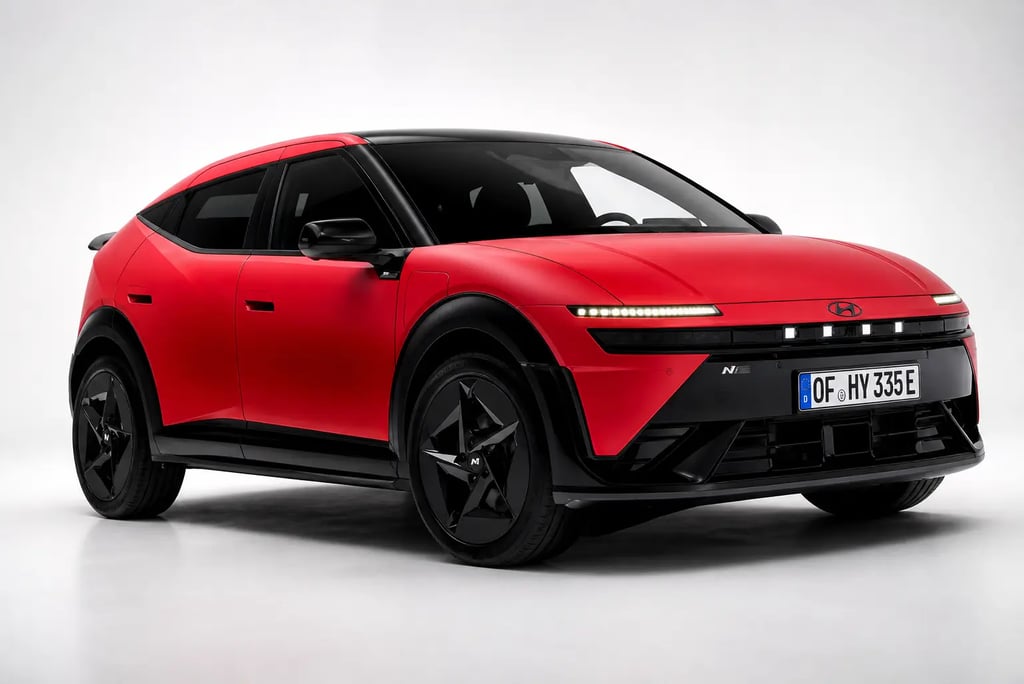 Hyundai Ioniq 5 N vermelho em estúdio com design esportivo e visual futurista