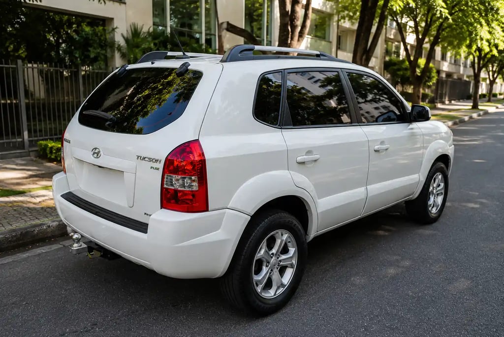 Hyundai Tucson GLS 2015 branco visto pela traseira em cenário urbano sem placa traseira