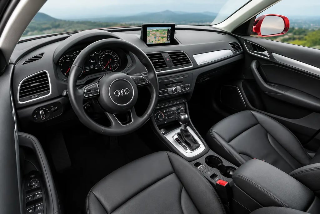 Interior do Audi Q3 com painel digital, acabamento premium e bancos em couro