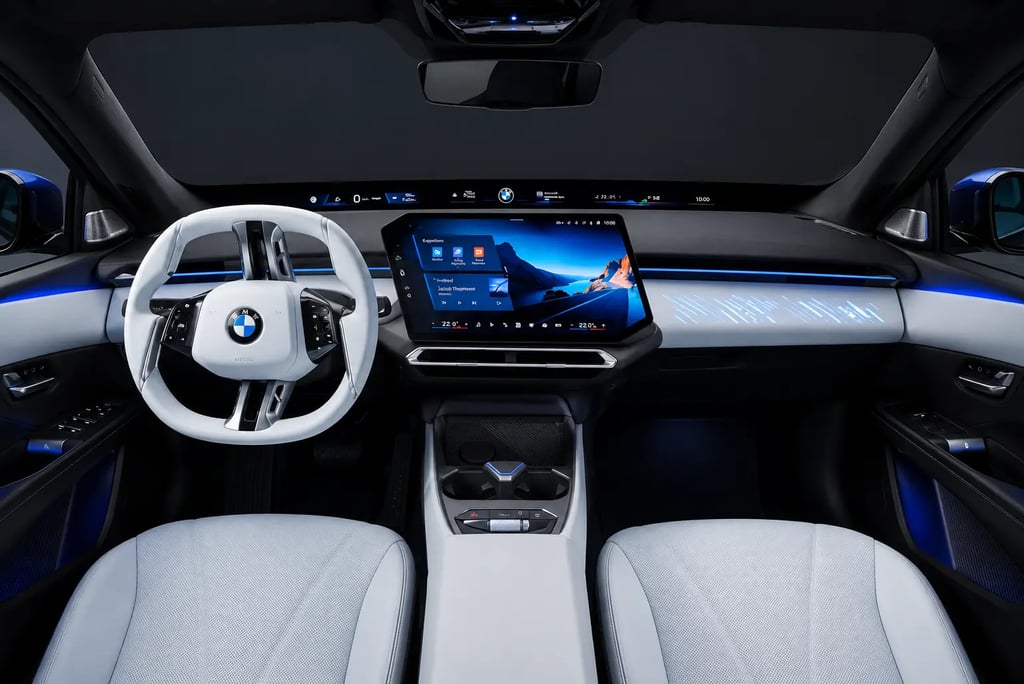 Interior futurista do BMW i3 elétrico com painel digital iluminado em azul e central multimídia