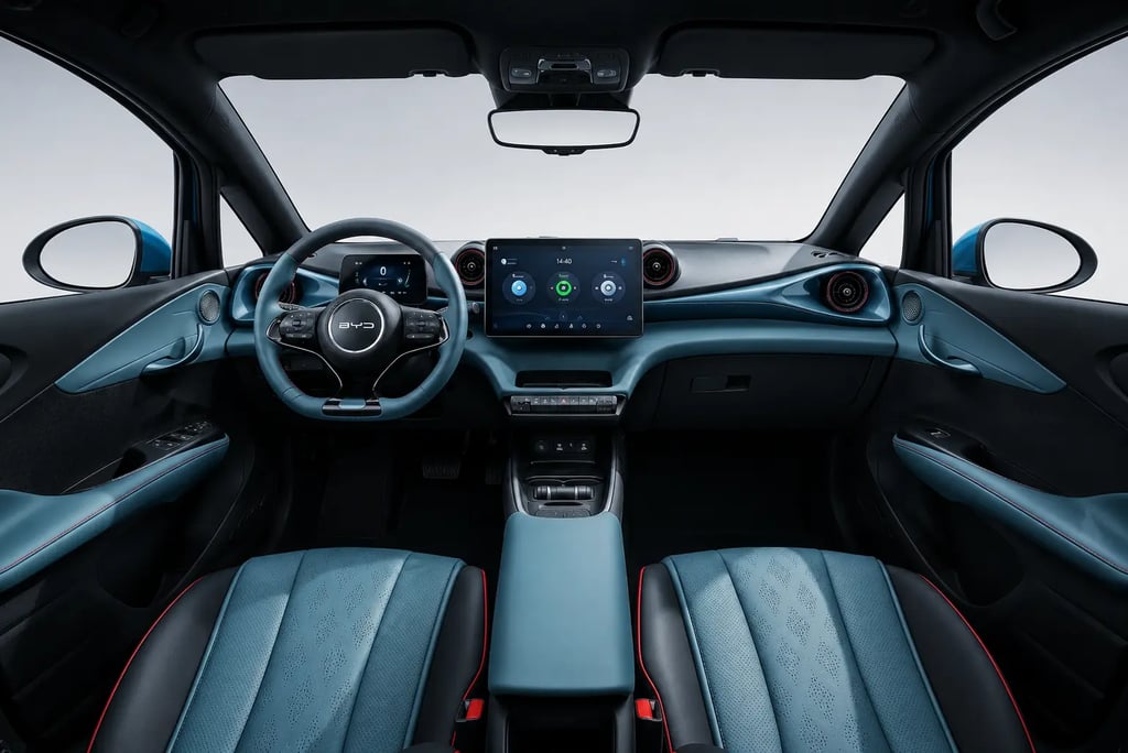 Interior do BYD Dolphin Plus com painel digital e cabine moderna em visão panorâmica.