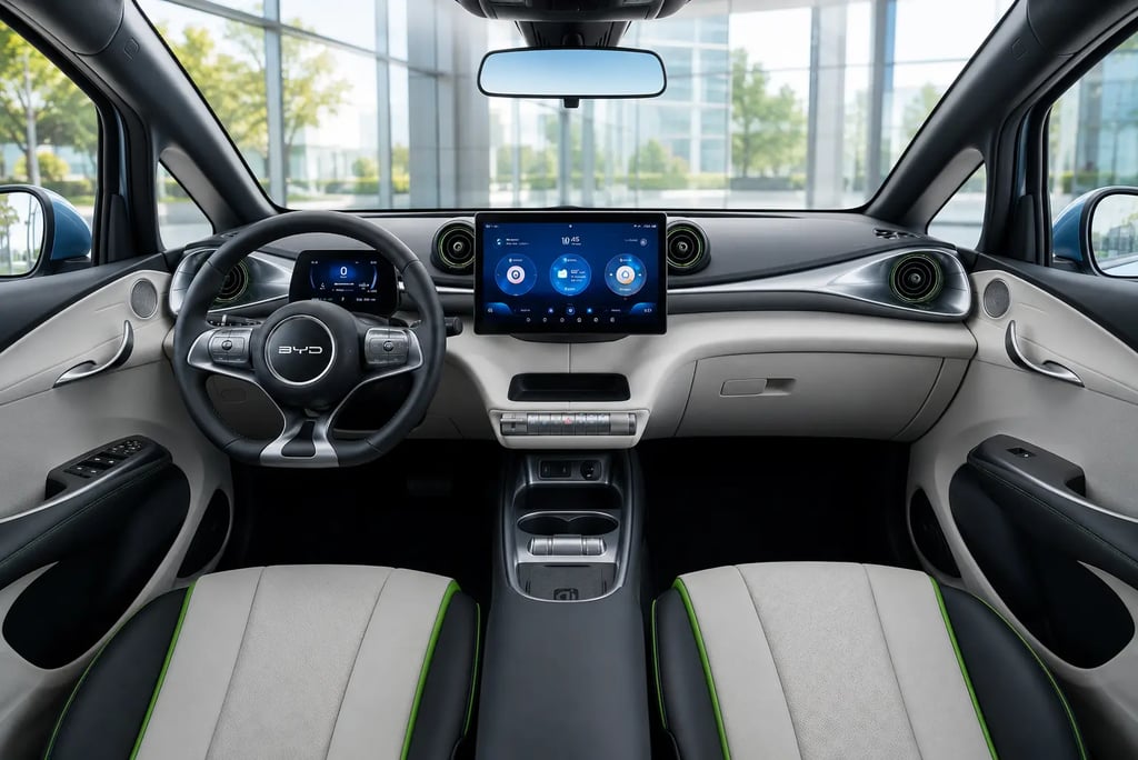 Interior do BYD Dolphin com painel digital, tela multimídia e acabamento moderno