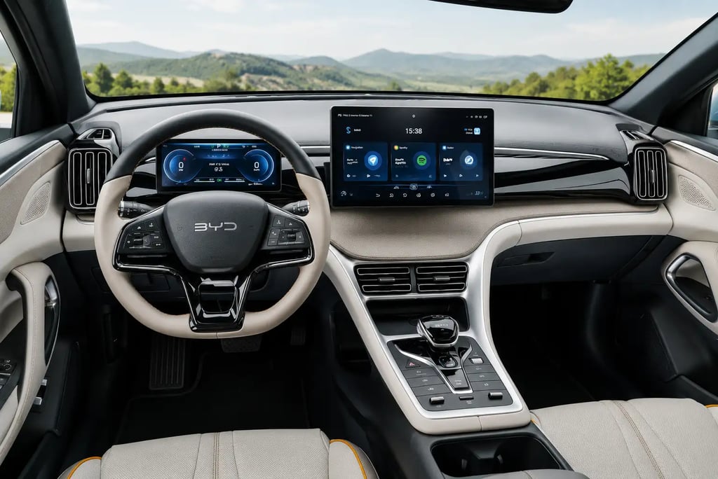Interior do BYD Song Pro com painel digital, volante multifuncional e central multimídia