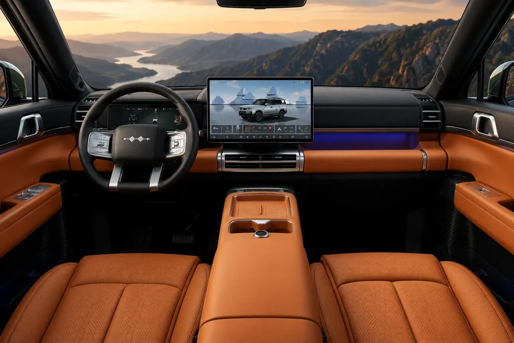Interior premium do BYD Ti7 com painel digital e acabamento em couro caramelo