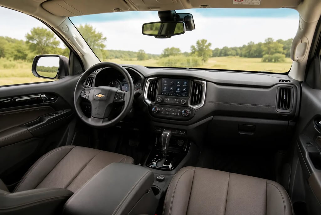Interior da Chevrolet S10 High Country 2022 com bancos de couro e central multimídia