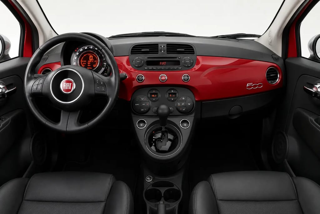 Interior do Fiat 500 com painel vermelho, câmbio automático e acabamento premium.
