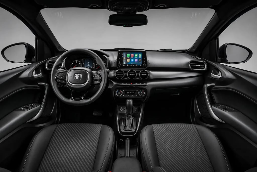 Interior do Fiat Cronos Precision com painel multimídia, volante e cabine em visão frontal