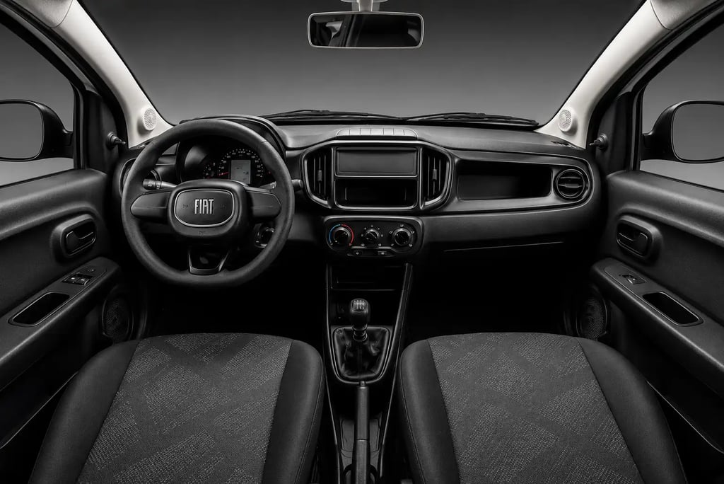 Interior do Fiat Mobi Like 2026 com painel, volante e cabine em visão frontal ampla.