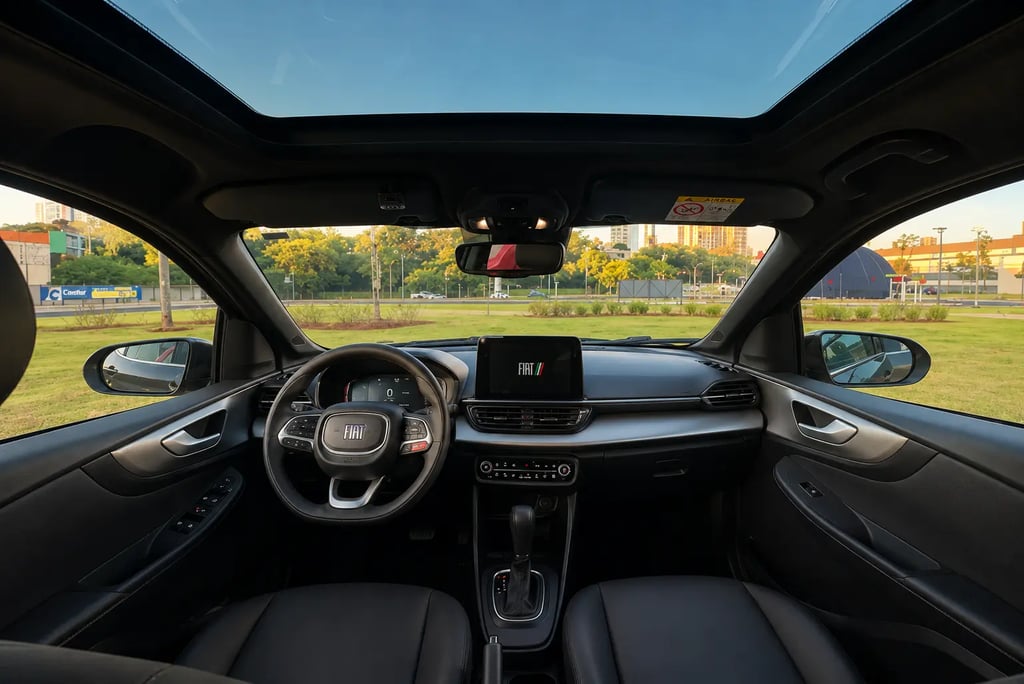Interior do Fiat Pulse Hybrid com teto panorâmico, painel e central multimídia em destaque.
