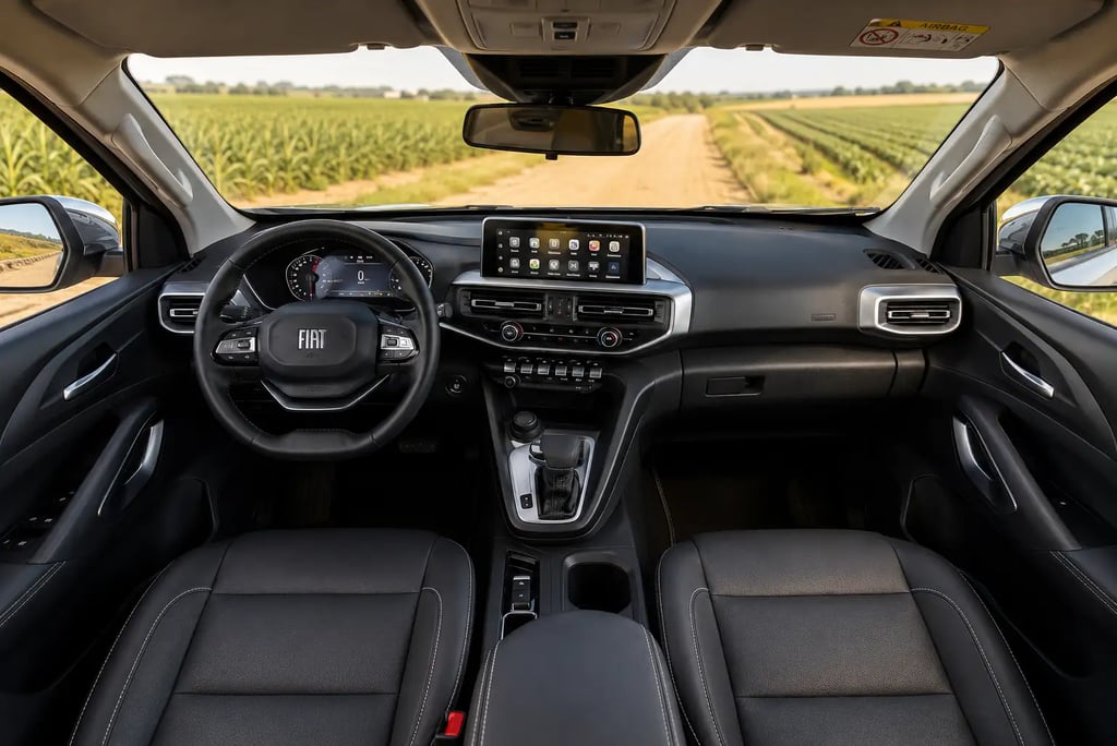 Interior da Fiat Titano Ranch com painel, multimídia e cabine em acabamento preto