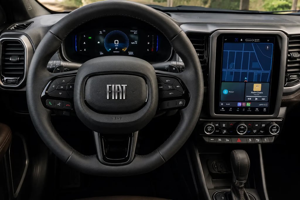 Interior da Fiat Toro MHEV 2027 com painel digital e central multimídia vertical moderna