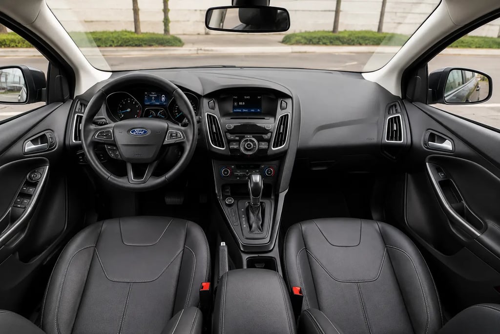 Interior do Ford Focus 2019 com painel, central multimídia e câmbio automático em destaque