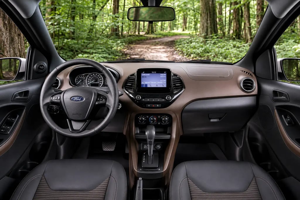 Interior do Ford Ka FreeStyle com painel marrom, câmbio automático e central multimídia