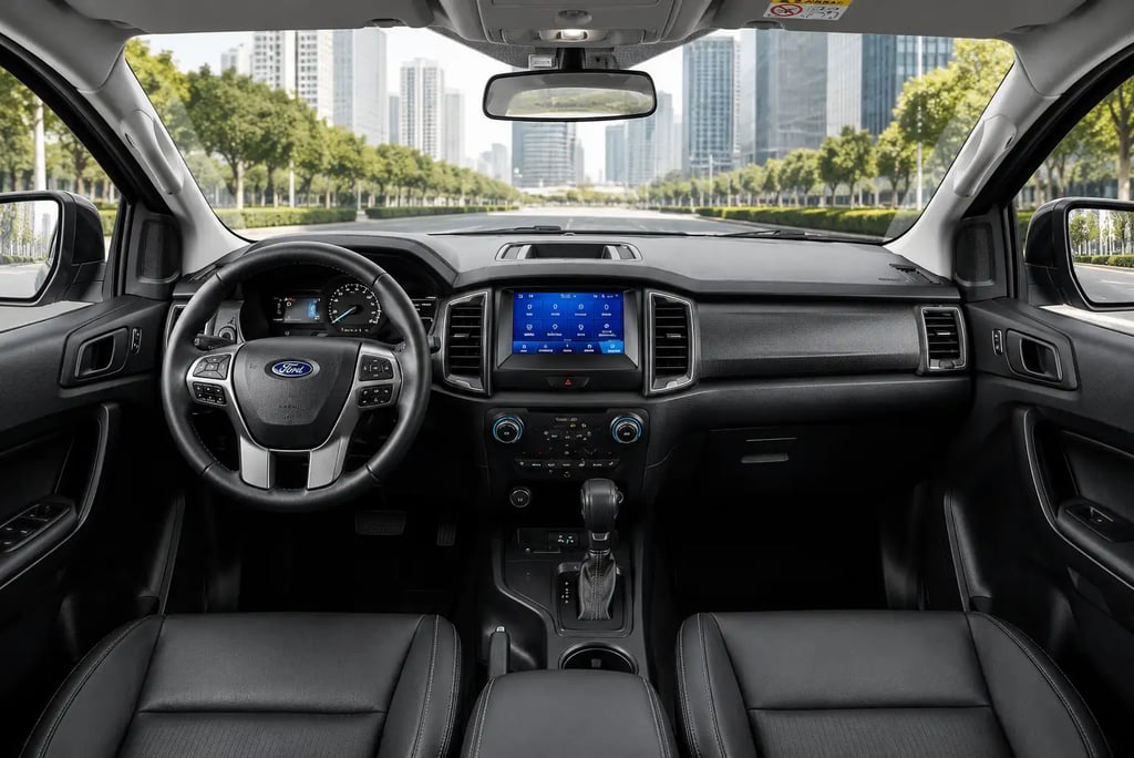 Interior da Ford Ranger Black com bancos em couro, câmbio automático e central SYNC 3