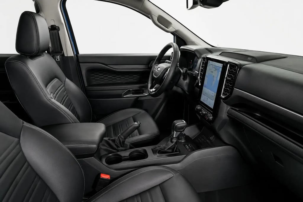 Interior da Ford Ranger XLS V6 2026 com painel digital e central multimídia vertical