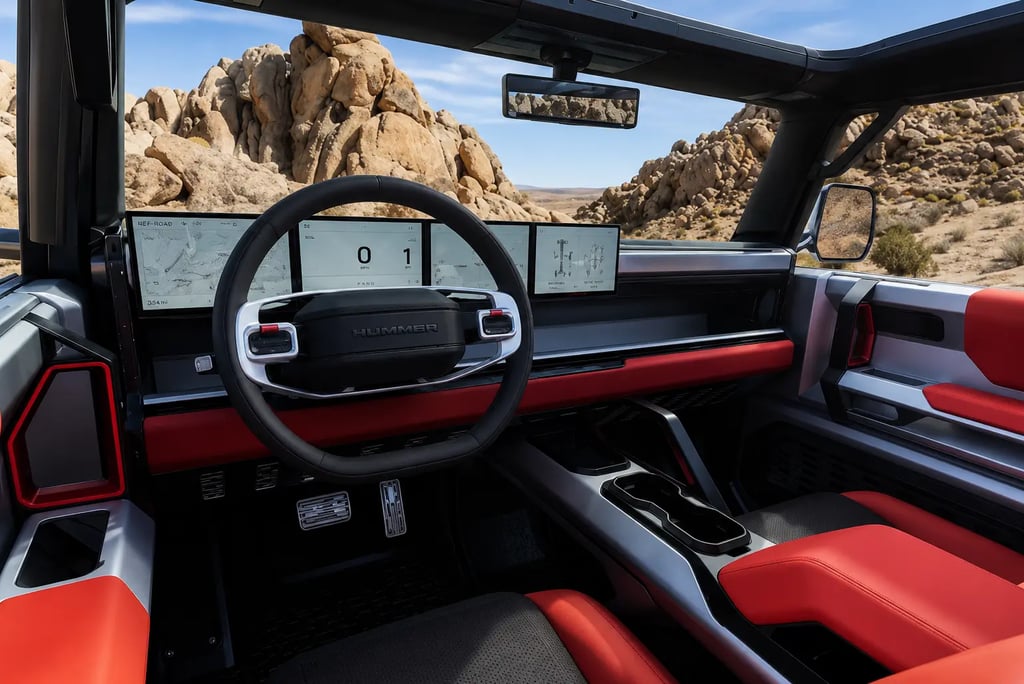 Interior do GMC Hummer X com telas digitais e vista para trilha no deserto