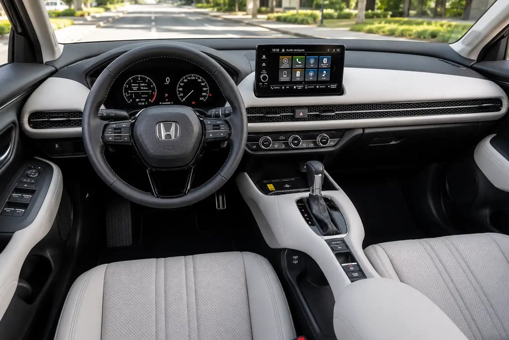 Interior do Honda ZR-V Touring com painel, central multimídia e cabine em visão frontal