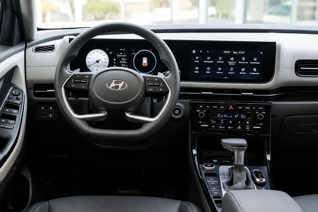 Interior do Hyundai Creta 2026 com painel digital, multimídia e câmbio automático