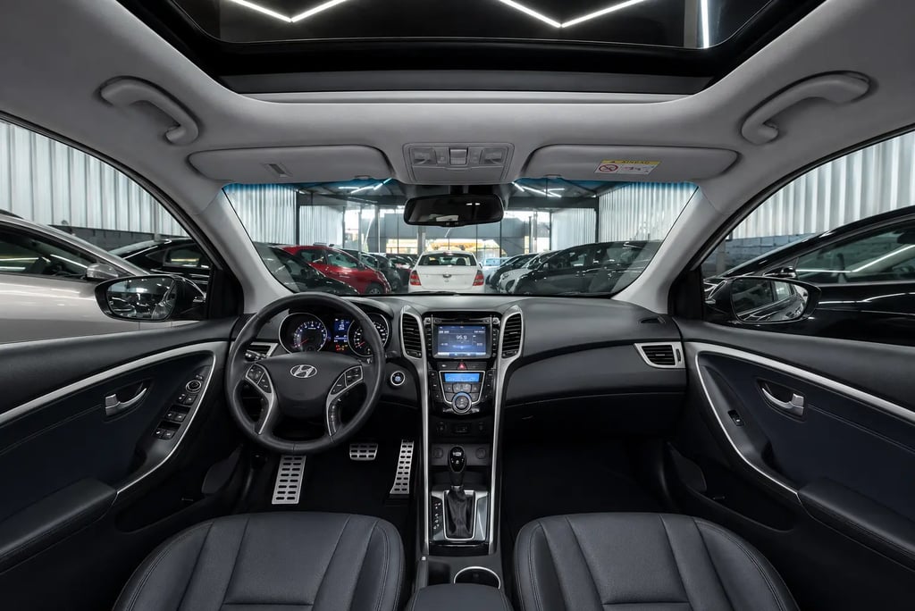 Interior do Hyundai i30 com teto panorâmico, painel e central multimídia em destaque.