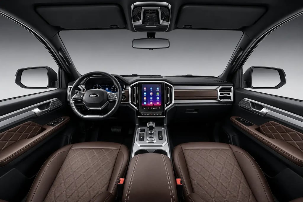 Interior da JAC Hunter HD 2025 com painel digital e central multimídia vertical de 13 polegadas