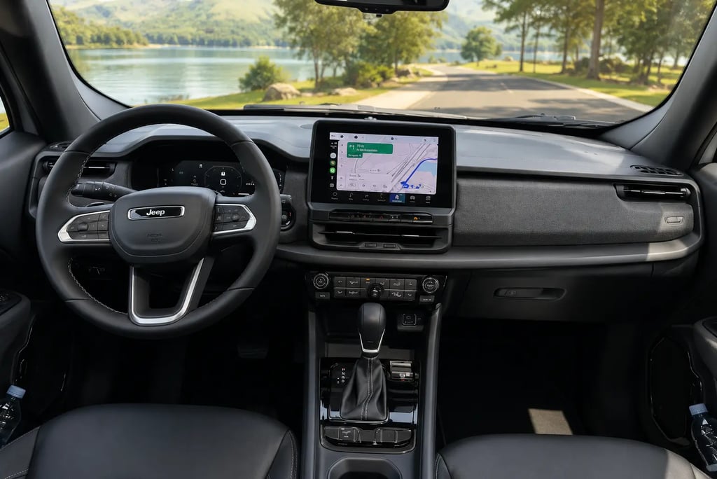 Interior do Jeep Renegade Longitude com painel digital e central multimídia em destaque