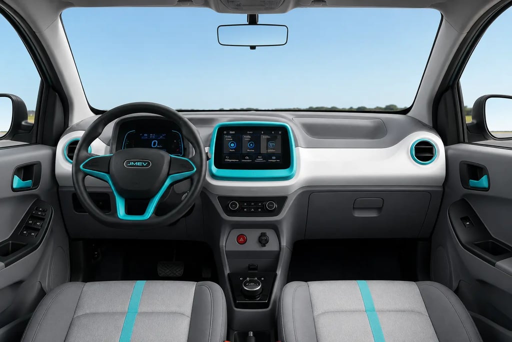 Interior do JMEV Emova Easy com painel digital e central multimídia em visão ampla