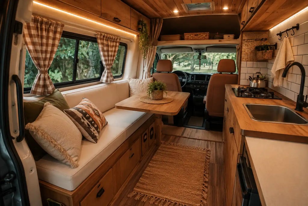 Interior de Kombi Home com cozinha compacta, sofá, mesa e acabamento em madeira