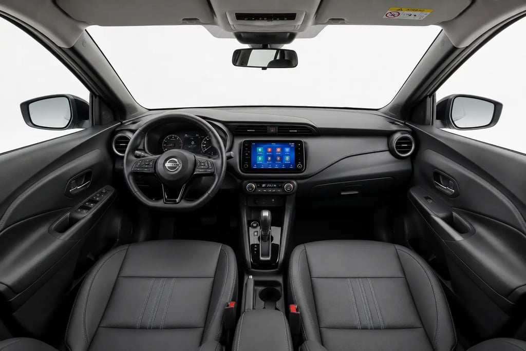 Interior do Nissan Kicks Advance com painel digital, central multimídia e bancos em couro