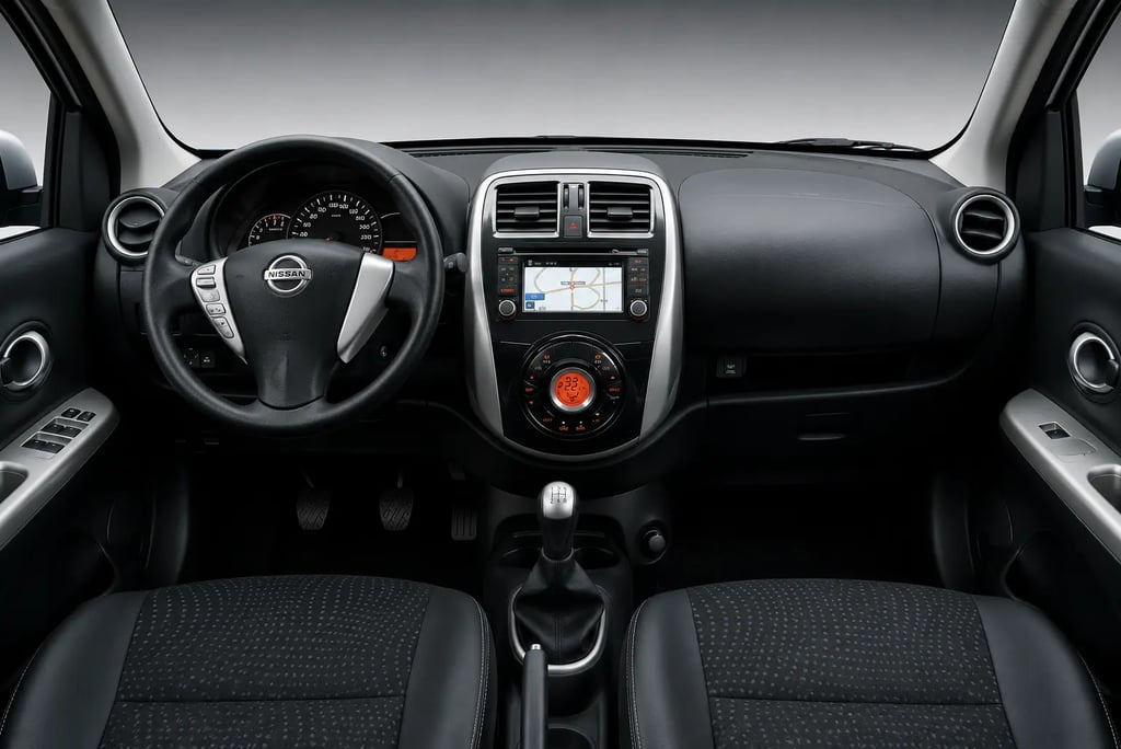 Interior do Nissan March 2020 com painel central, volante e câmbio em visão frontal