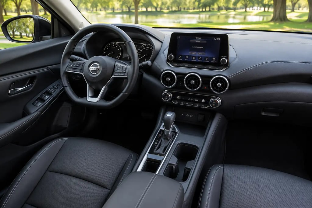 Interior do Nissan Sentra 2026 com painel digital, central multimídia e acabamento premium