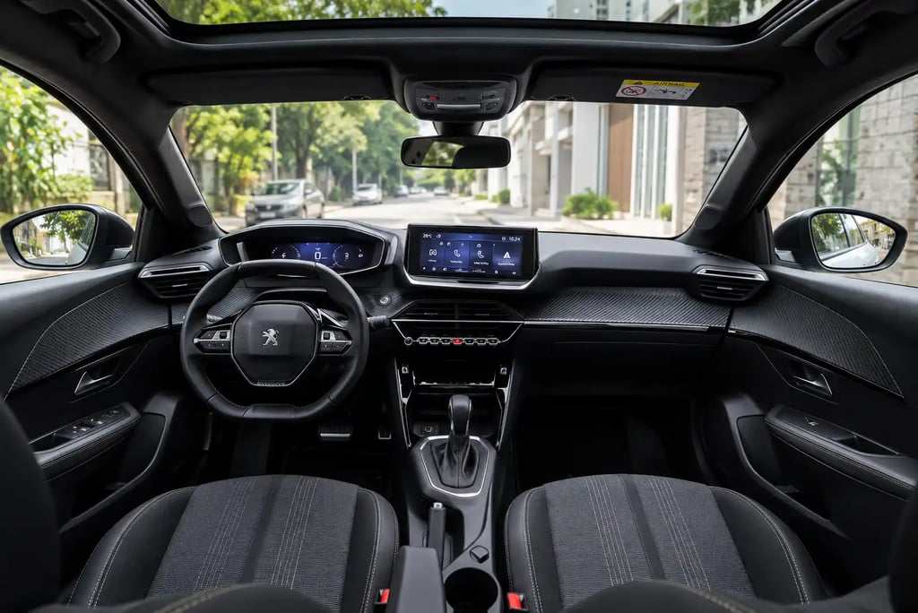 Interior do Peugeot 208 com teto panorâmico, painel digital e cabine moderna