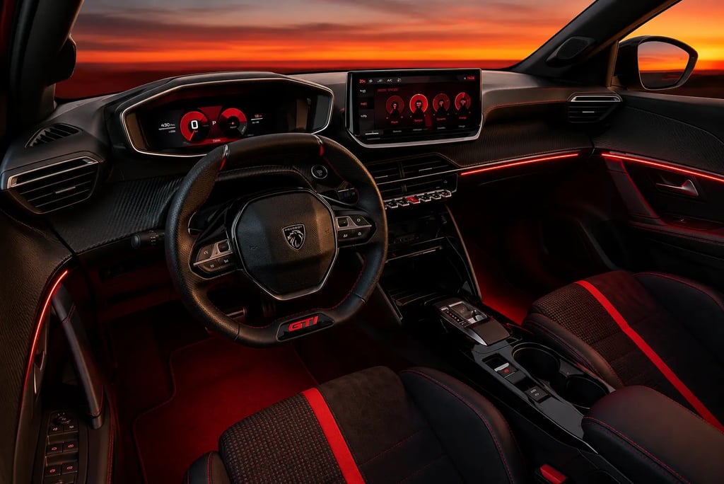 Interior do Peugeot E-208 GTi com painel digital, iluminação vermelha e acabamento esportivo