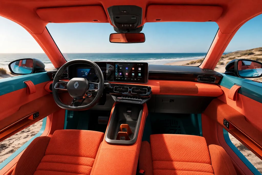 Interior do Renault 4 JP4x4 com acabamento laranja e vista para a praia.