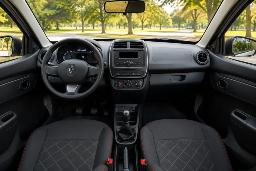 Interior do Renault Kwid com painel, câmbio manual e bancos dianteiros