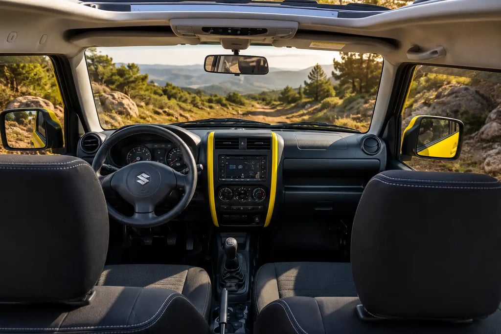 Interior do Suzuki Jimny 4Sport com painel e vista para trilha off-road ao fundo