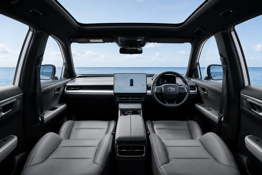 Interior do Toyota bZ3X com teto panorâmico e vista para o mar.