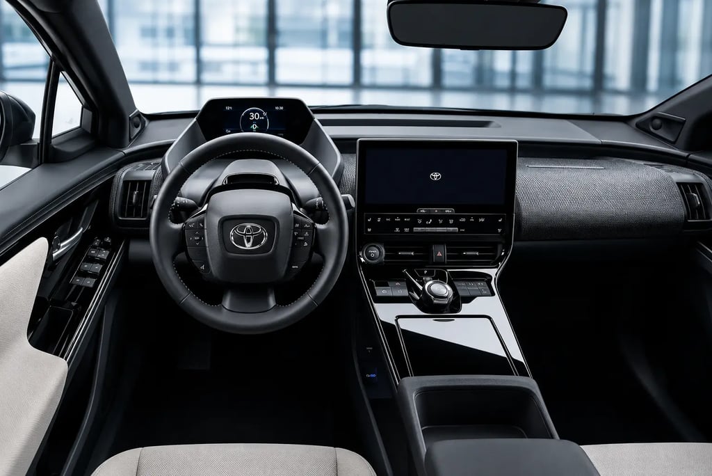 Interior do Toyota bZ4X 2026 com painel digital e central multimídia ampla