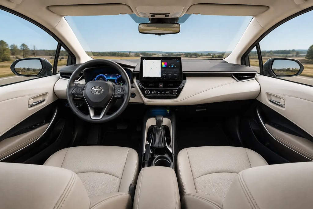 Interior do Toyota Corolla Hybrid com painel digital, multimídia e bancos claros